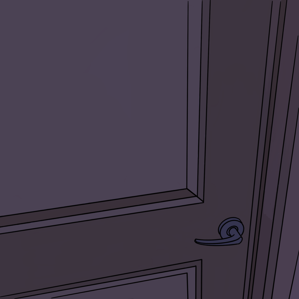 Cartoon stylised drawing of the bedroom door closed in front of me