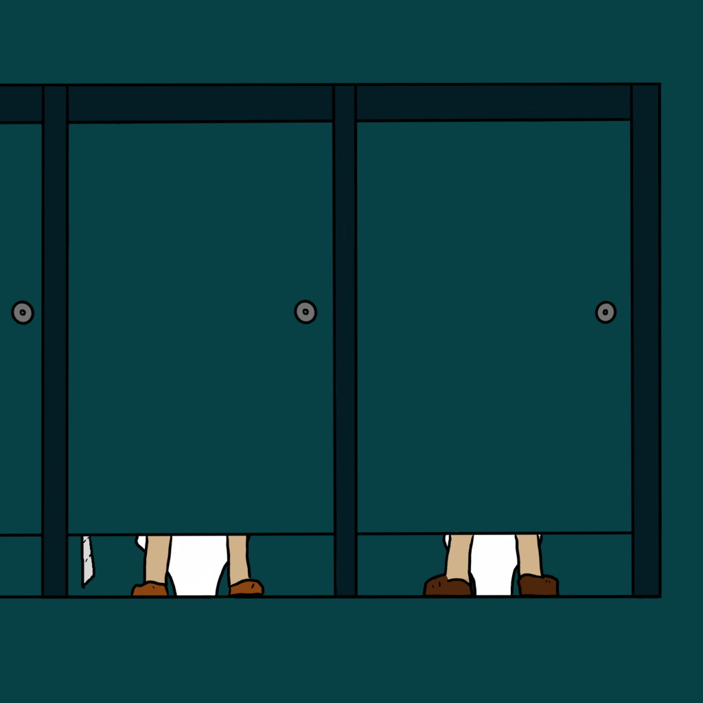 Cartoon style drawing of an office block toilet cubicle. There is a gap between the bottom of the door and the floor where legs and shoes of the sitter are visible. 